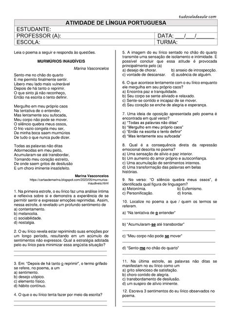 Poema Marina Tudo Sala De Aula Leia O Poema A Seguir E Responda S