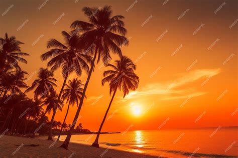 premium photo beach  coconut tree  sunset