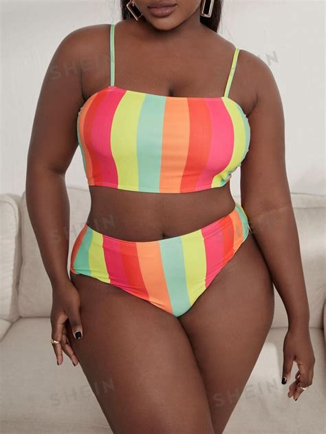 Shein Swim Vcay Plus Colorful Striped Bikini Set Cami Top High