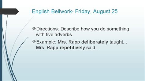 Parts of Speech Bellwork Week One English Bellwork