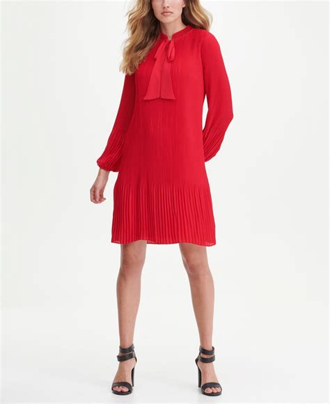 Dkny Long Sleeve Tie Neck Pleated Shift Dress In Red Lyst