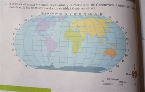 4 Observa el mapa y señala el ecuador y el meridiano de Greenwich