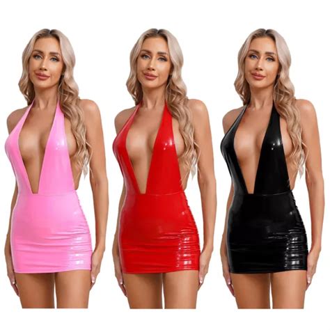 MINI ABITO DONNA Sexy Halter Tuffato Collo A V Finta Pelle Look Bagnato