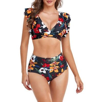 Women Two Piece Bikini Set High Cut Swimwear Ruffle Push Up Bathing