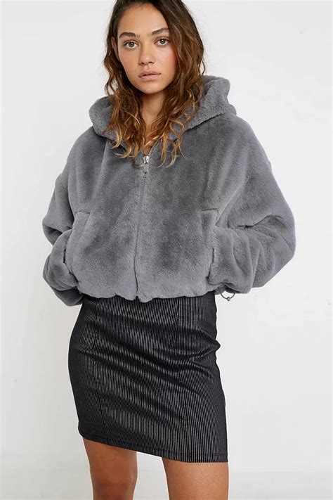 Uo Hooded Faux Fur Grey Crop Jacket Urban Outfitters Uk