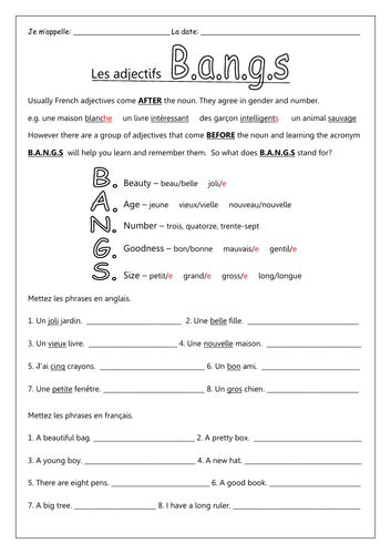 French Adjectives Bags Les Adjectifs Worksheets Teaching Resources