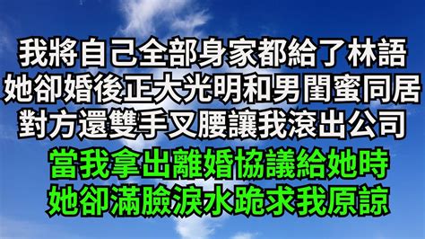 我將自己全部身家都給了林語，她卻婚後正大光明和男閨蜜同居，對方還雙手叉腰讓我滾出公司，當我拿出離婚協議給她時，她卻滿臉淚水跪求我原諒【一窗昏曉