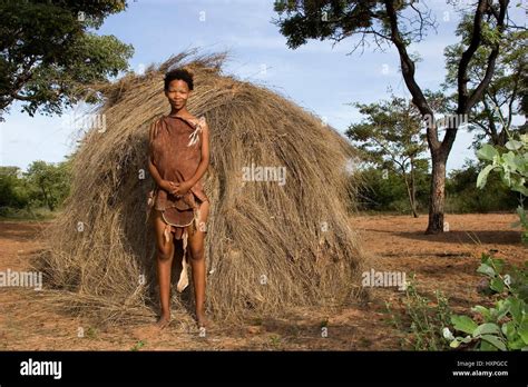 Bushman Women Before Her Tratitionelen Grass Hut Namibia Buschmann