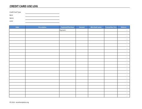 Credit Card Use Log Template Excel Templates Excel Spreadsheets ...