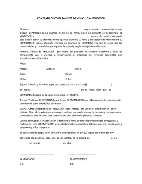 Contrato De Compraventa De Vehículo Automotor Contrato De Compraventa