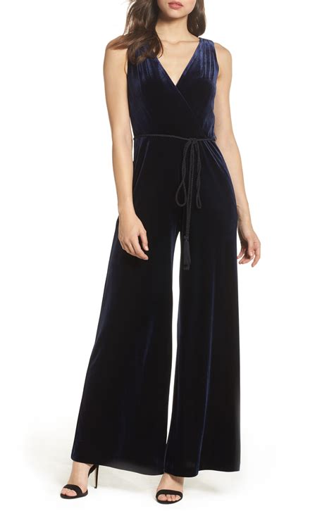 Eliza J Velvet Wide Leg Jumpsuit In Navy Blue Lyst