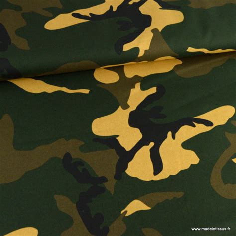 Tissu popeline motif camouflage armée vert kaki et beige