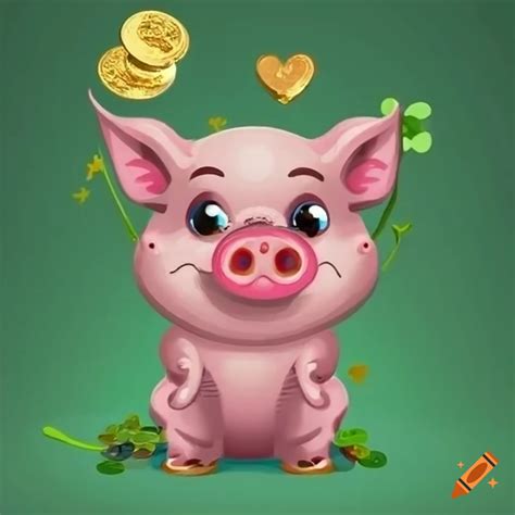 Adorable Pink Pig With Heart Shaped Eyes Gold Coin And Green Four