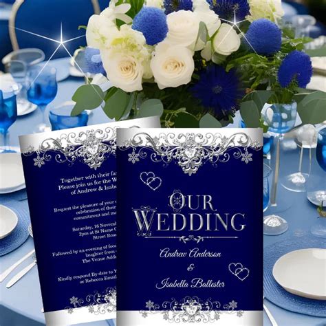 Wedding Elegant Royal Blue Silver Diamond Hearts Invitation Zazzle