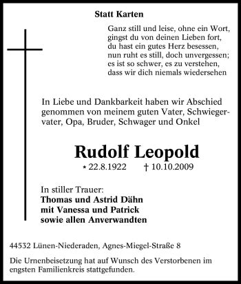 Traueranzeigen Von Rudolf Leopold Trauer In Nrw De