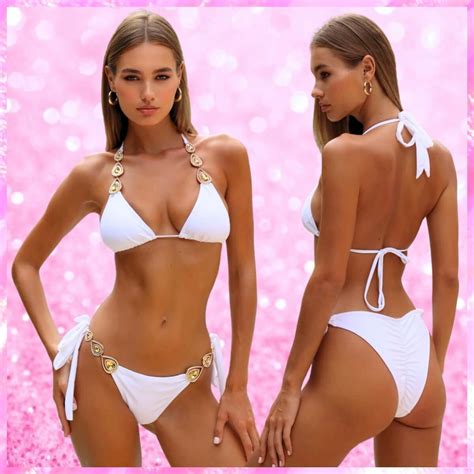 Triangle Triple Crystal Bikini Set In White Pink Sugar Bikini