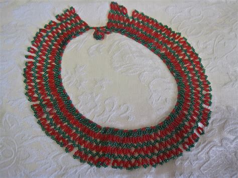 Sale Seed Bead Bib Necklace Choker Collar Bib Red Green Glass Etsy