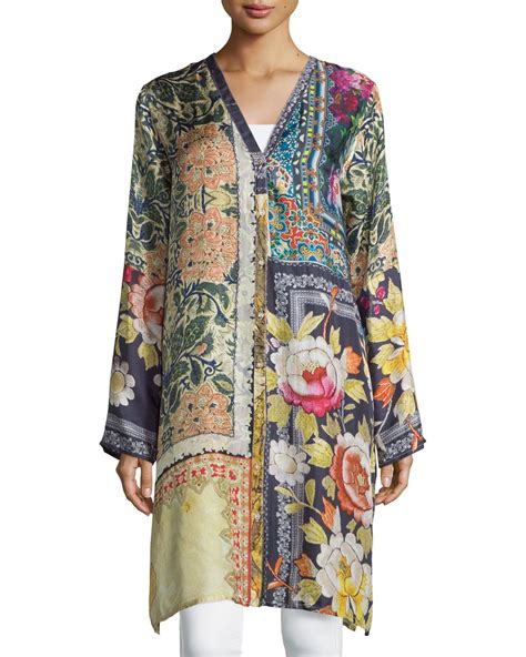 Johnny Was Shiro Printed Button Front Silk Tunic Multi Silk Cardigan