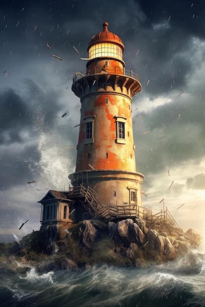 Premium AI Image | A lighthouse on a rocky island with the sky in the ...