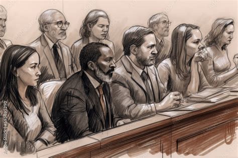 Illustration Of A Jury Sitting In A Courtroom Waiting To Deliver A