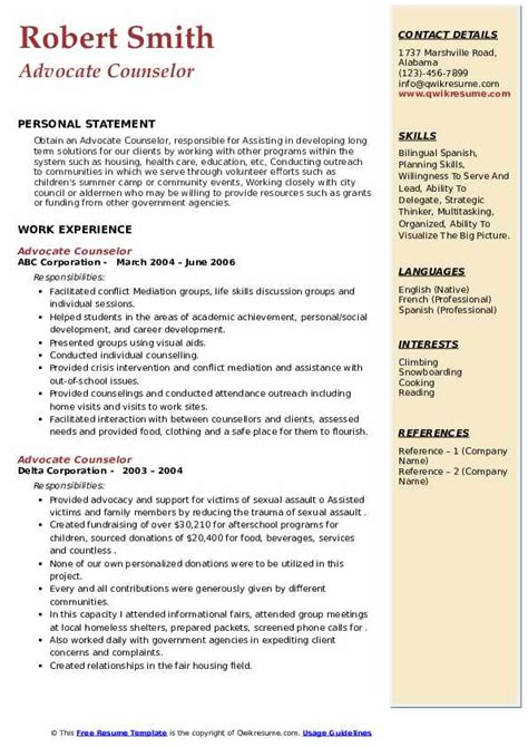 Advocate Counselor Resume Samples Qwikresume