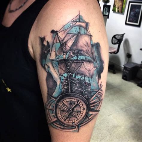 Nautical Compass And Ship Tattoo On Left Half Sleeve 960x960 Jpeg Ship Tattoo Sleeve