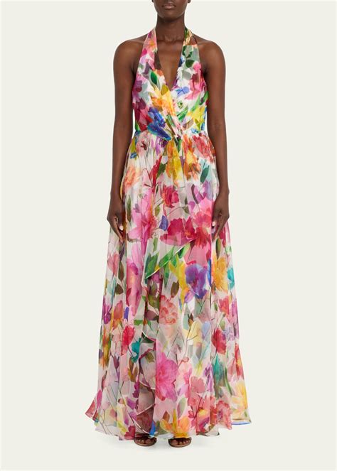 Badgley Mischka Collection Floral Print Ruffle Trim Organza Halter Gown