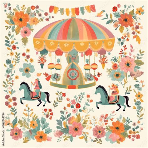 Abstract carousel horse ride illustration. Beautiful watercolor art of a carousel park. Carousel ...