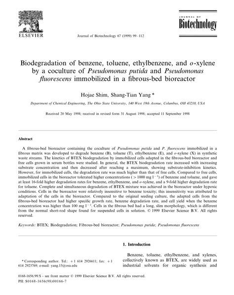 Pdf Biodegradation Of Benzene Toluene Ethylbenzene And O Xylene By