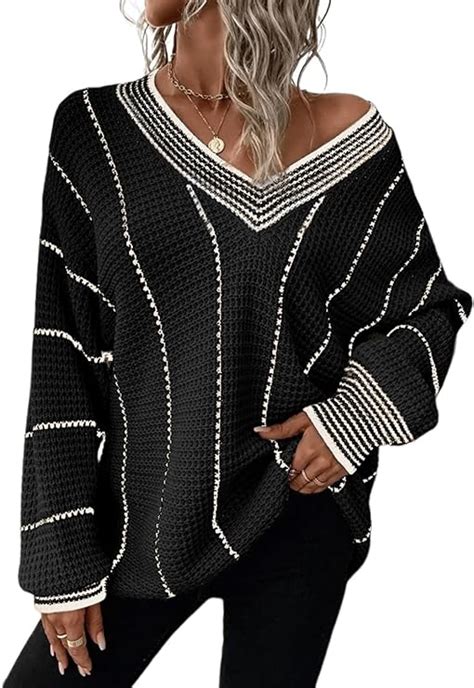 Dokotoo Womens Oversized Striped Tunic Long Sleeve Sweaters Casual V