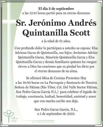 Se Or Jer Nimo Andr S Quintanilla Scott Obituario Esquela