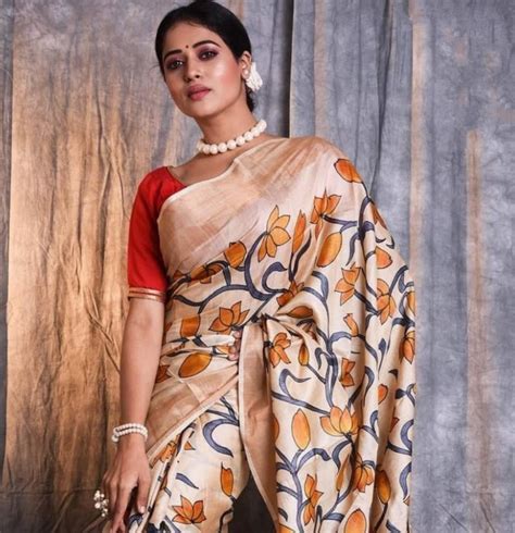 Zari Tussar Saree Kalamkari Handpainted Handwoven Pure Tussar Silk