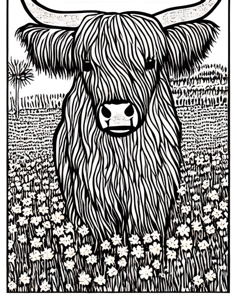 Highland Cattle with Flower Fields Coloring Page · Creative Fabrica