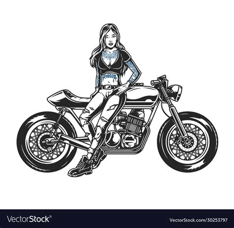 Pretty Biker Girl And Classic Motorcycle Vector Image