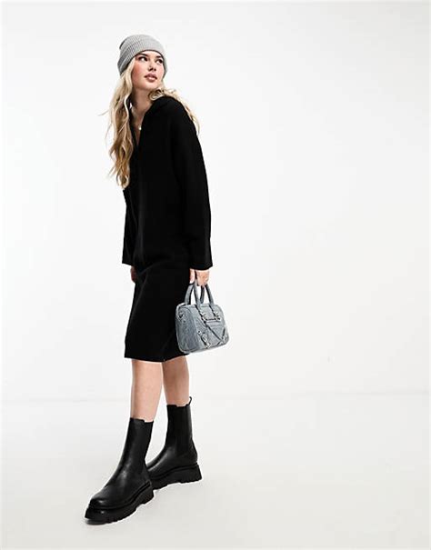 Monki Long Sleeve Knitted Midi Dress With Polo Collar In Black Asos