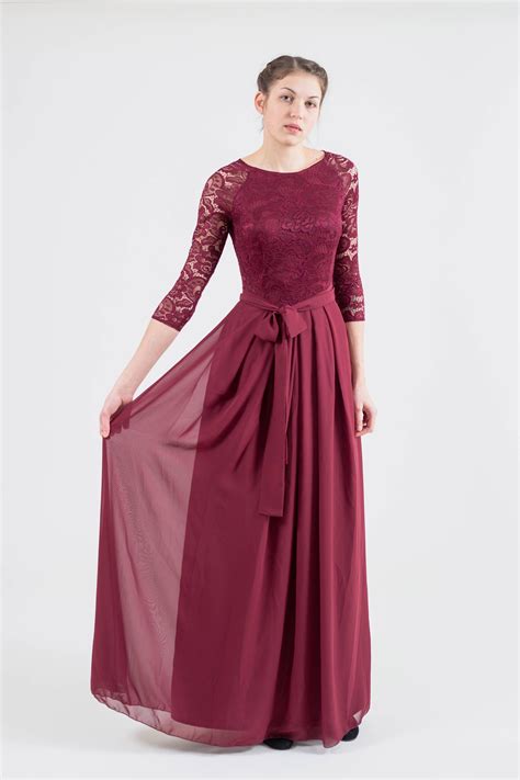 Long Burgundy Bridesmaid Dress With Sleeves Modest Lace Etsy