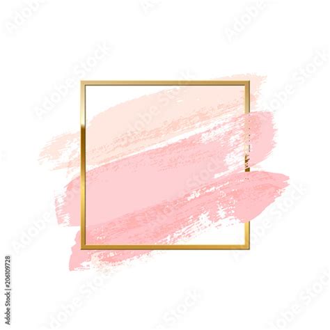 Pastel pink brush strokes with square golden frame isolated on white ...