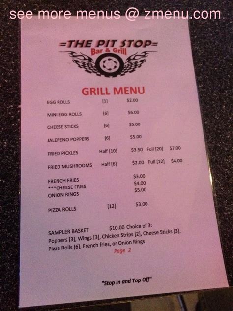 Menu at Pit Stop pub & bar, Nolanville