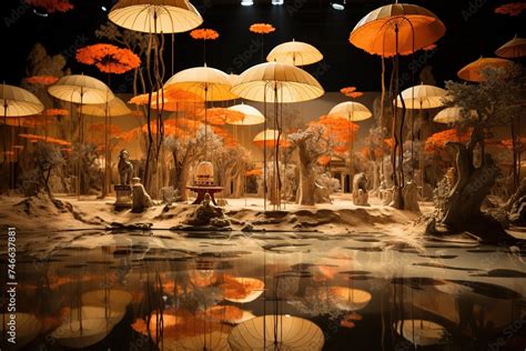 A Huge Table Displays Various Oriental Umbrellas Made From Wood In The