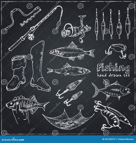 Fishing Tackle Tools Sketches Hand Drawing Fishing Equipment Stock