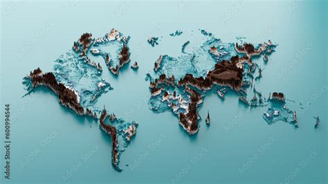 3d World Map Topographic World Map Isolated On Sky Blue Background, 3d illustration Stock ...