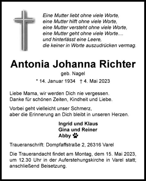 Traueranzeigen Von Antonia Johanna Richter Nordwest Trauer De