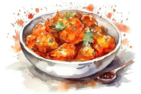 Premium Photo Watercolor Drawing Chicken Tikka Masala On White Background Generative Ai