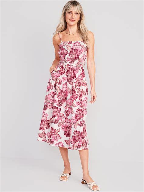 Waist Defined Floral Linen Blend Smocked Midi Cami Dress Old Navy