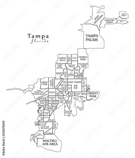 Modern City Map Tampa Florida City Of The Usa With Neighborhoods And Titles Outline Map Stock