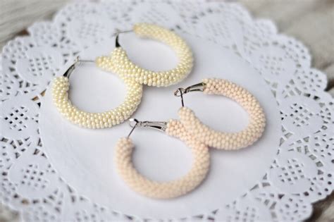 Beaded Hoop Earrings Ivory Nude Beige Etsy