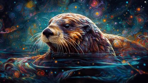 Una Pintura De Una Nutria Marina Nadando En El Agua Foto Premium