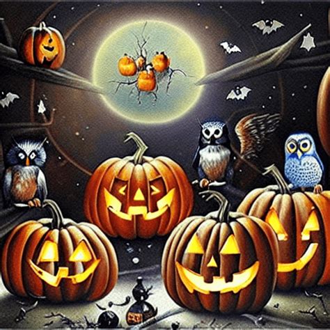 Halloween Galaxy With Mystic Giant Owl Ravens Cauldron And Pumpkins