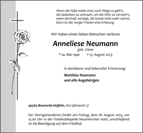 Traueranzeigen Von Anneliese Neumann Noz Trauerportal