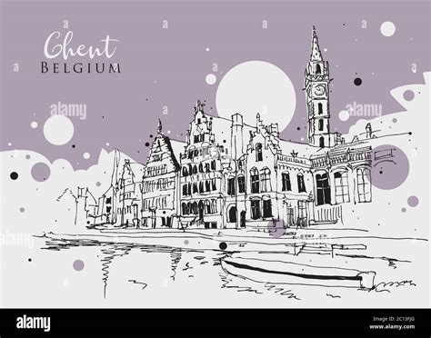 Drawing Sketch Illustration Of Ghent Buildings Around Leie River